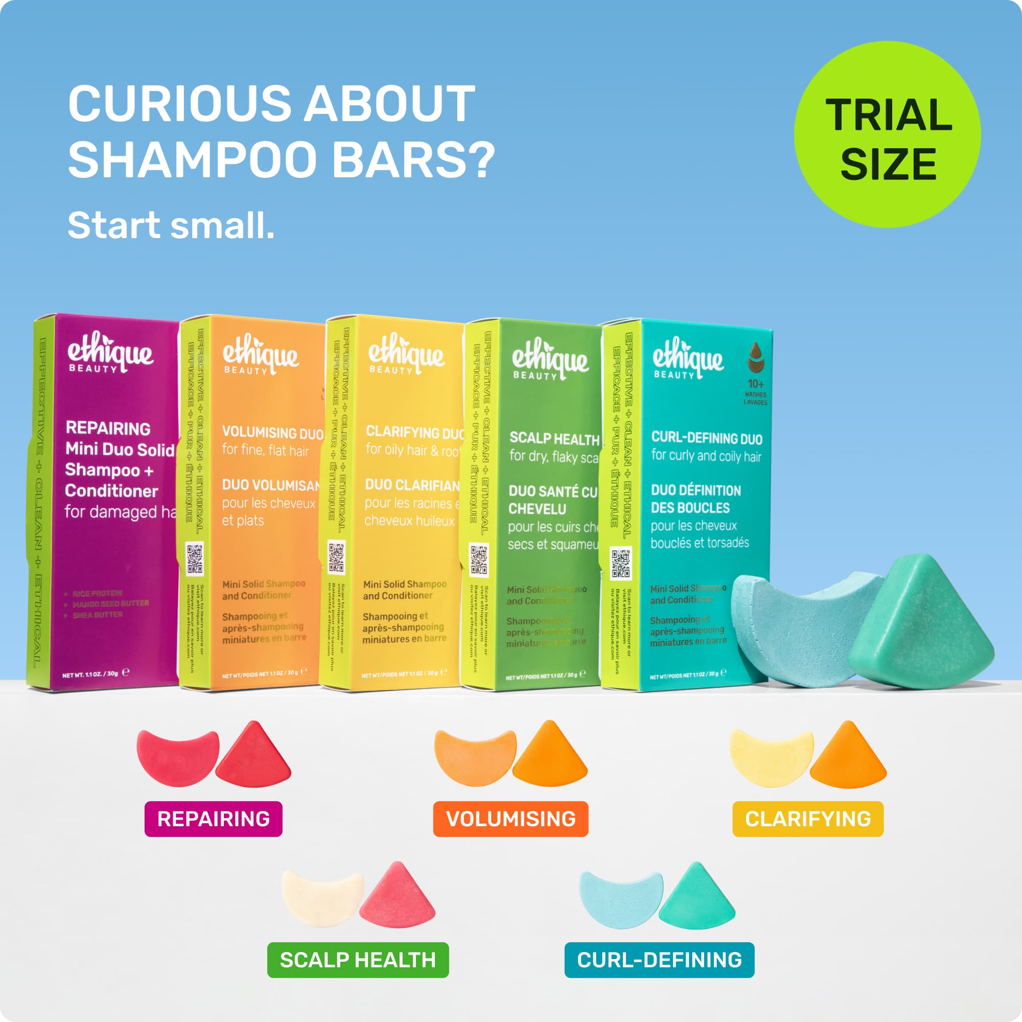 Curious about shampoo bars? start small. repairing, volumising, clarifying, scalp health, curl defining. travel size 
